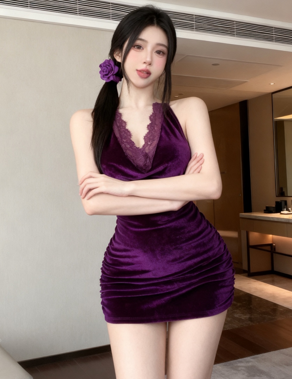 Cross lace velvet purple slim dress for women