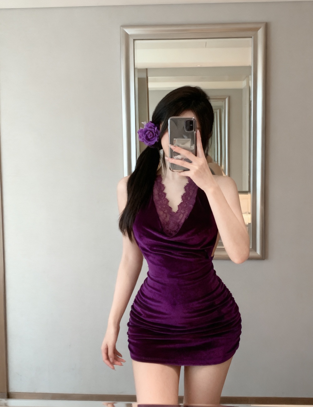 Cross lace velvet purple slim dress for women