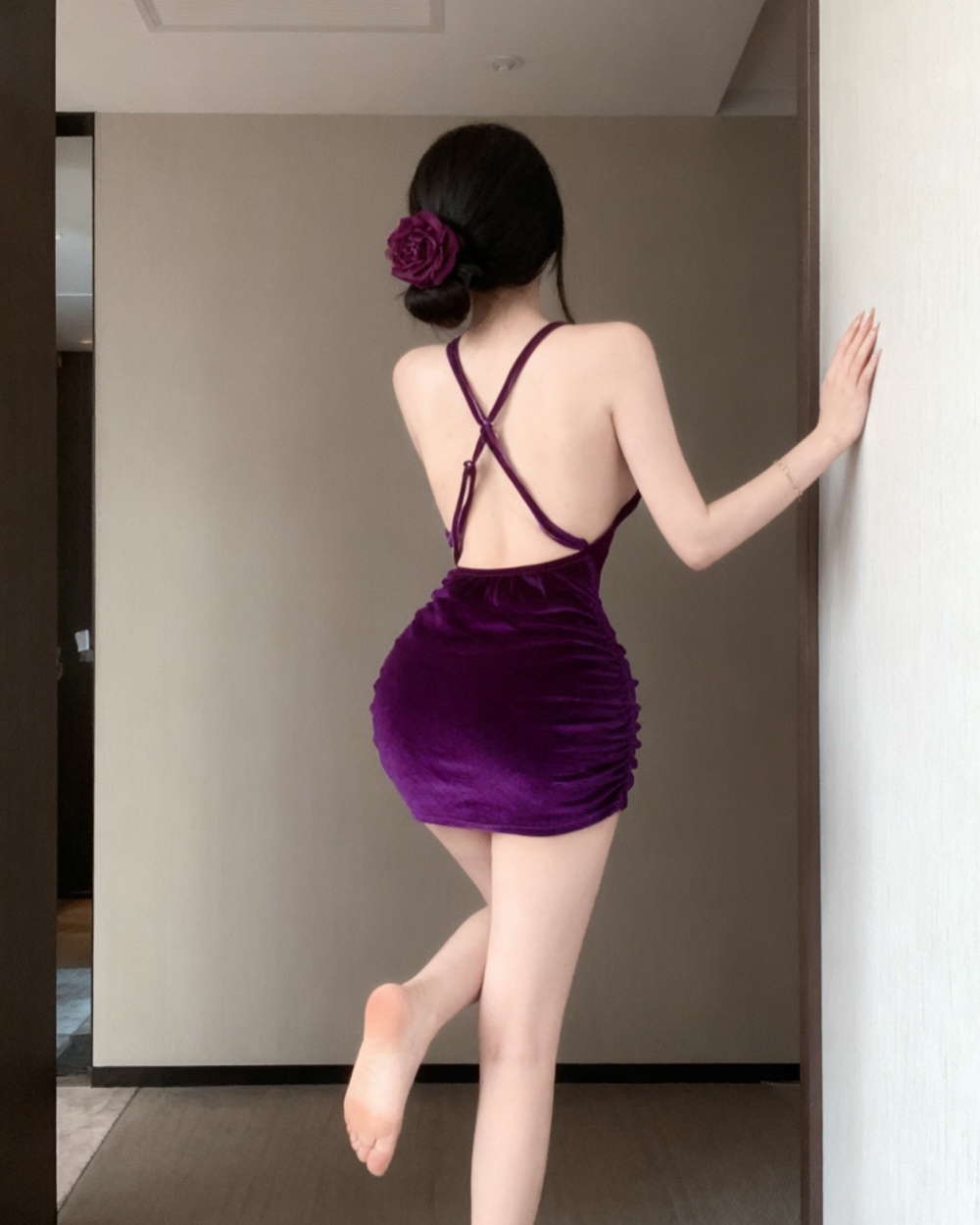 Cross lace velvet purple slim dress for women