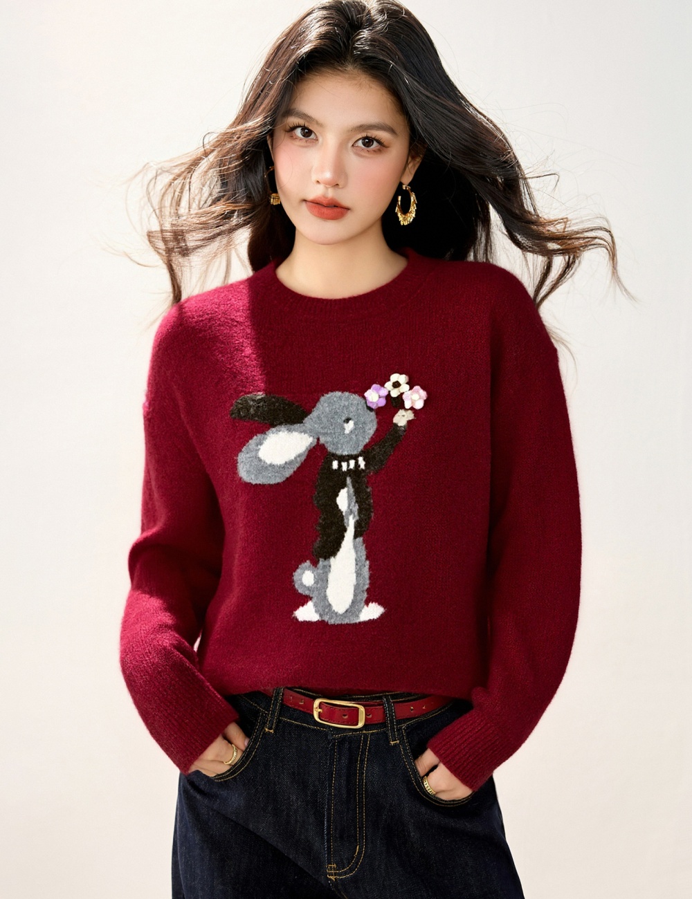 Loose cartoon sweater round neck winter tops for women