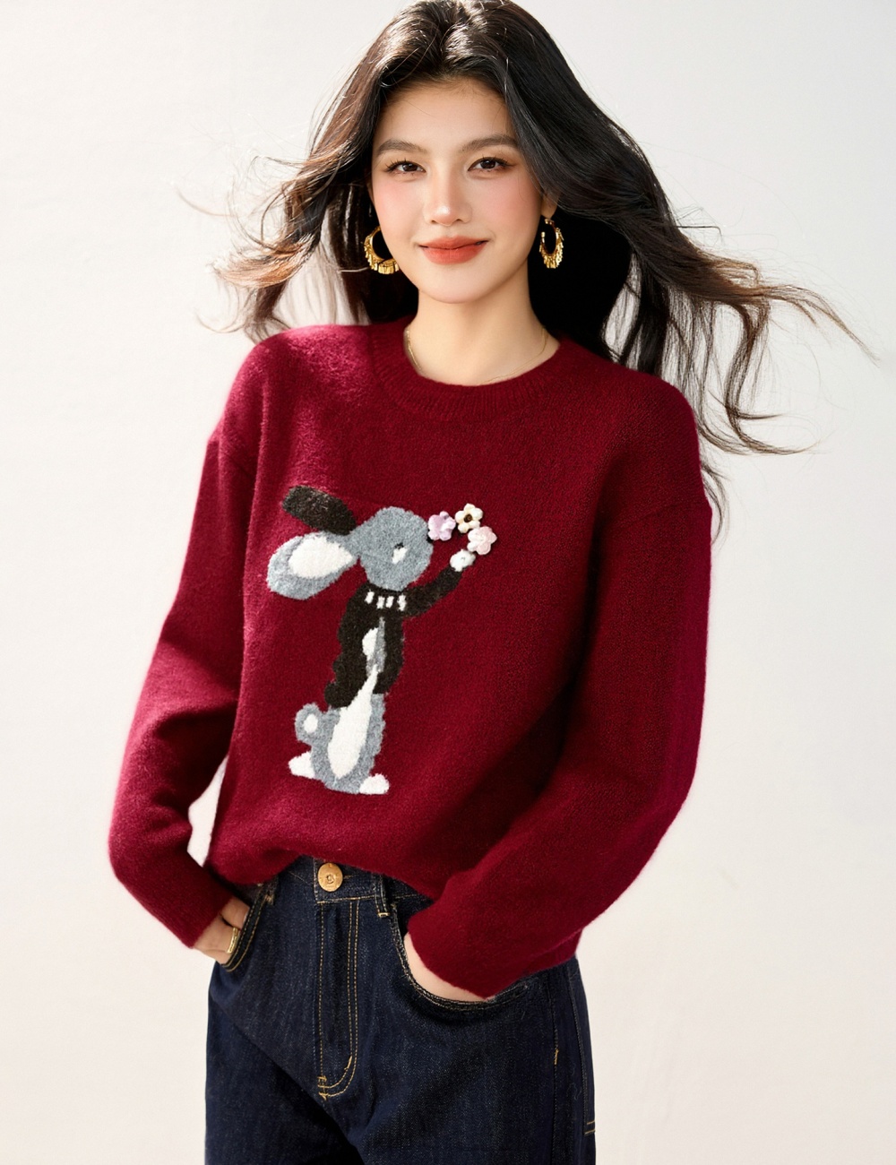Loose cartoon sweater round neck winter tops for women
