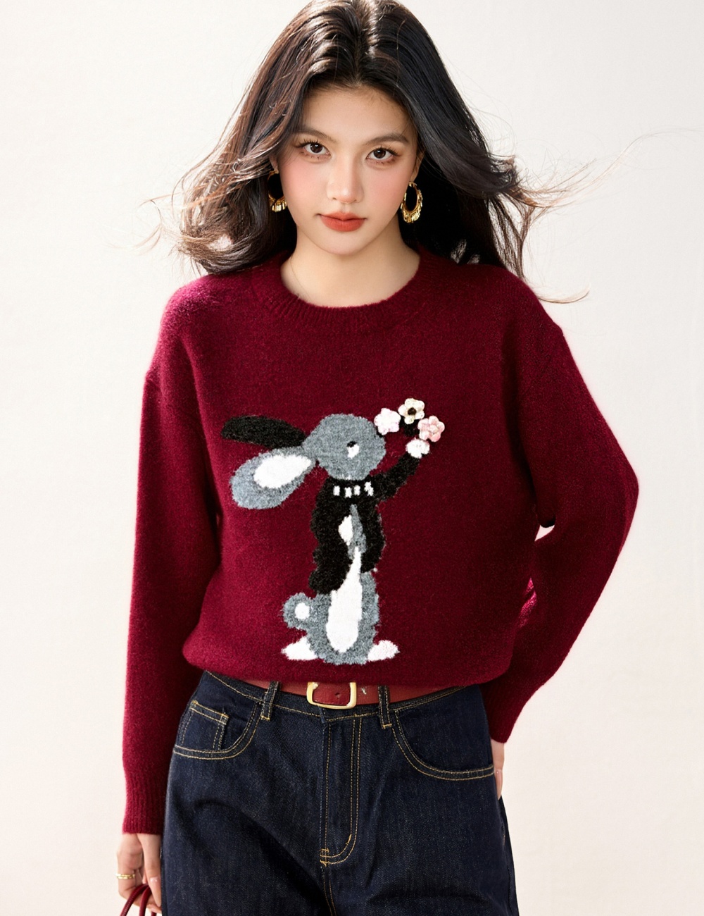 Loose cartoon sweater round neck winter tops for women