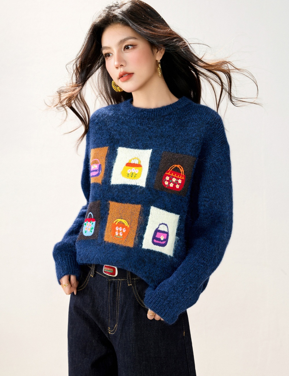 Japanese style winter tops round neck sweater for women