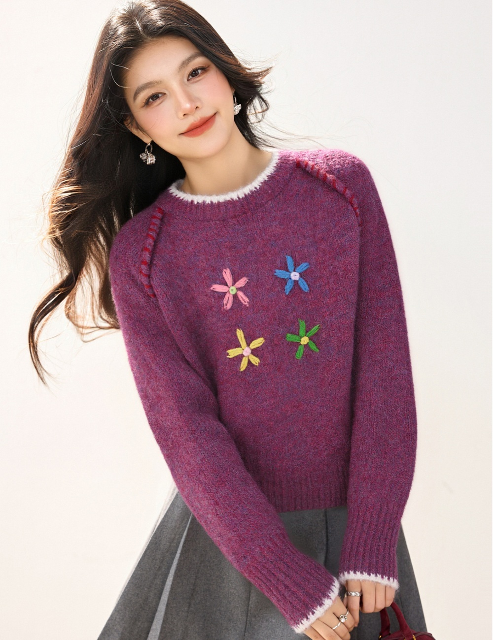 Flowers lovely sweater round neck sweet tops for women