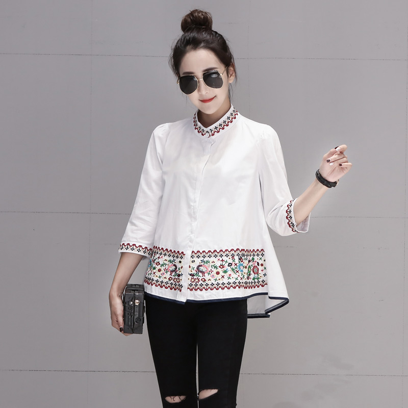 A-line cstand collar shirt all-match embroidered tops