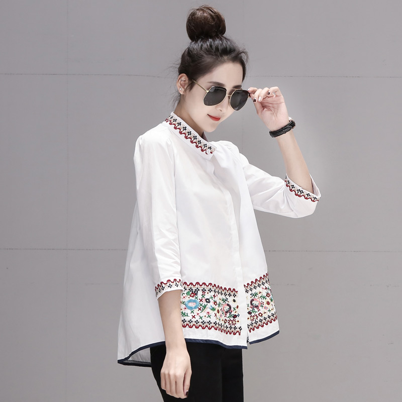 A-line cstand collar shirt all-match embroidered tops
