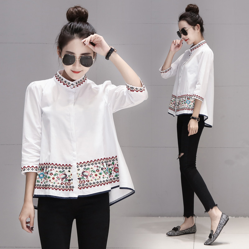 A-line cstand collar shirt all-match embroidered tops