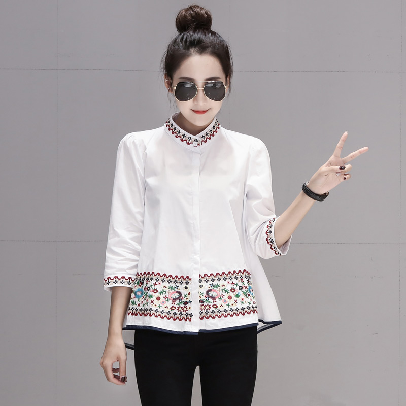 A-line cstand collar shirt all-match embroidered tops