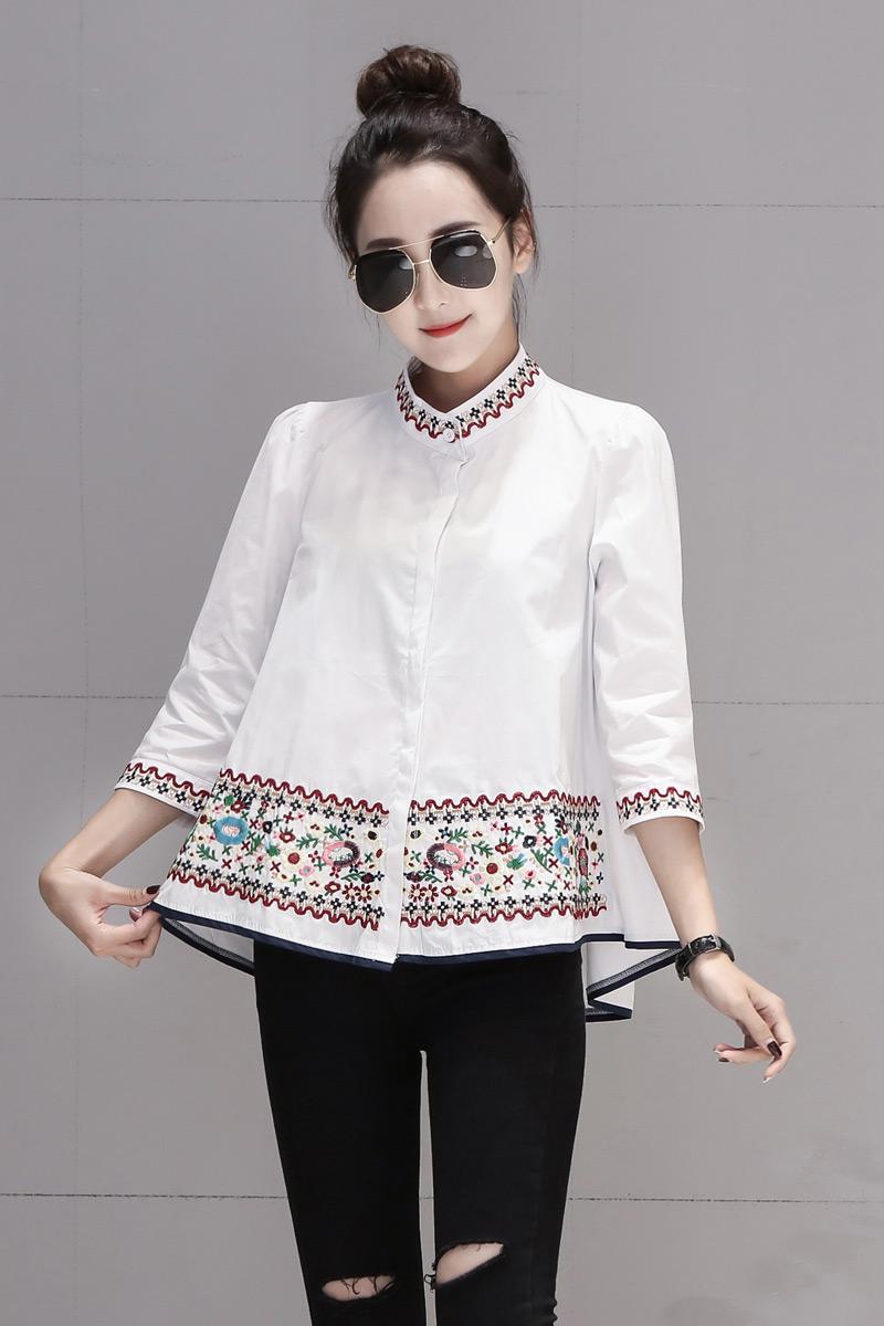 A-line cstand collar shirt all-match embroidered tops