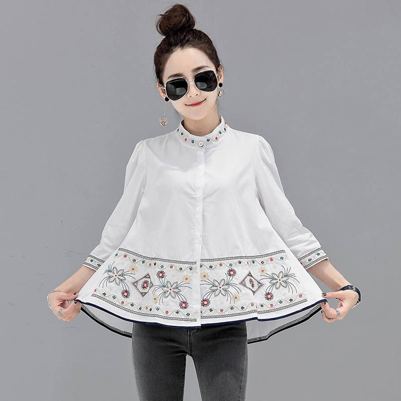 Cstand collar tops embroidery doll shirt for women