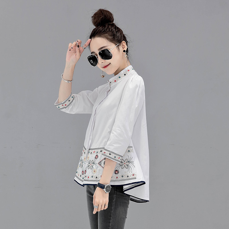 Cstand collar tops embroidery doll shirt for women