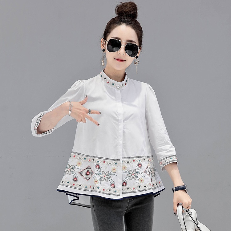 Cstand collar tops embroidery doll shirt for women