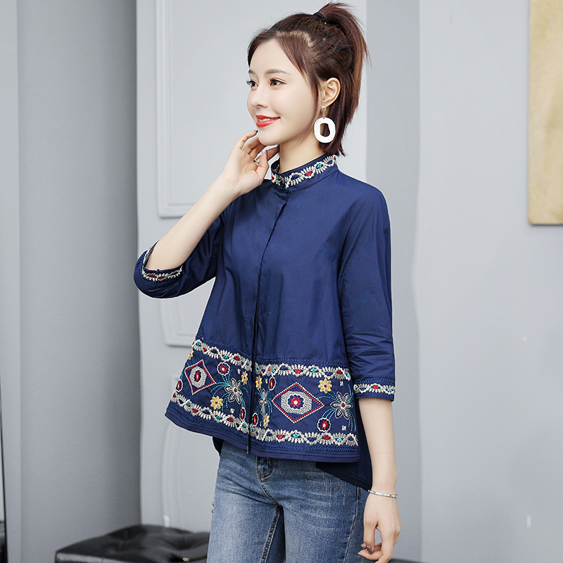 Cstand collar tops embroidery doll shirt for women