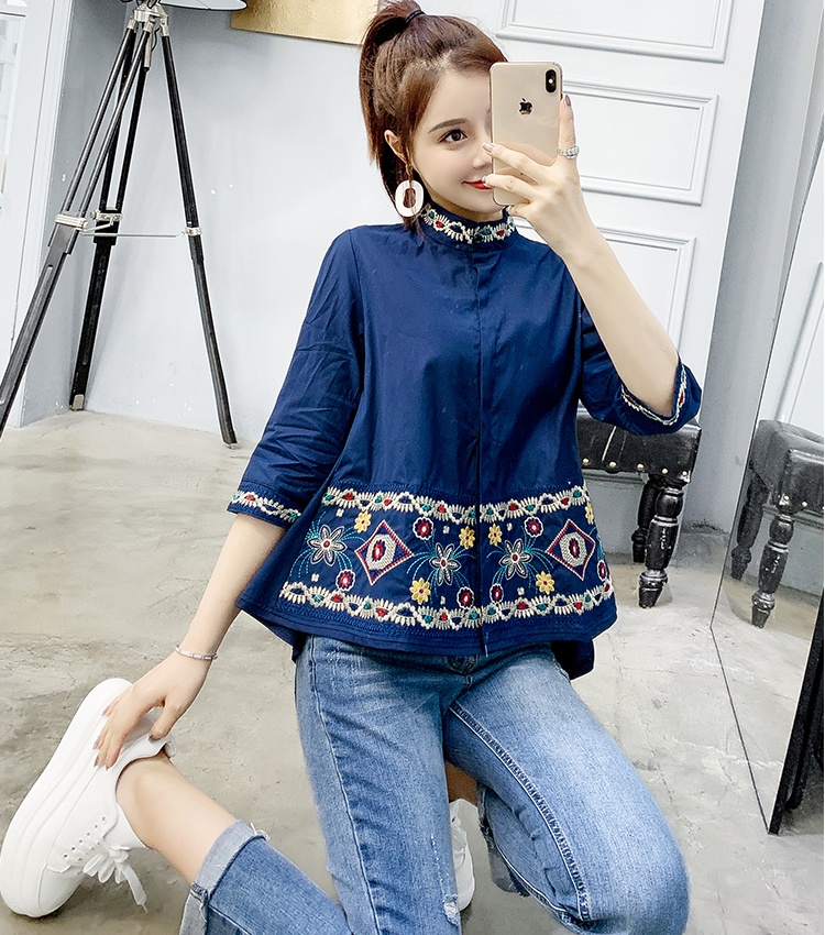 Cstand collar tops embroidery doll shirt for women
