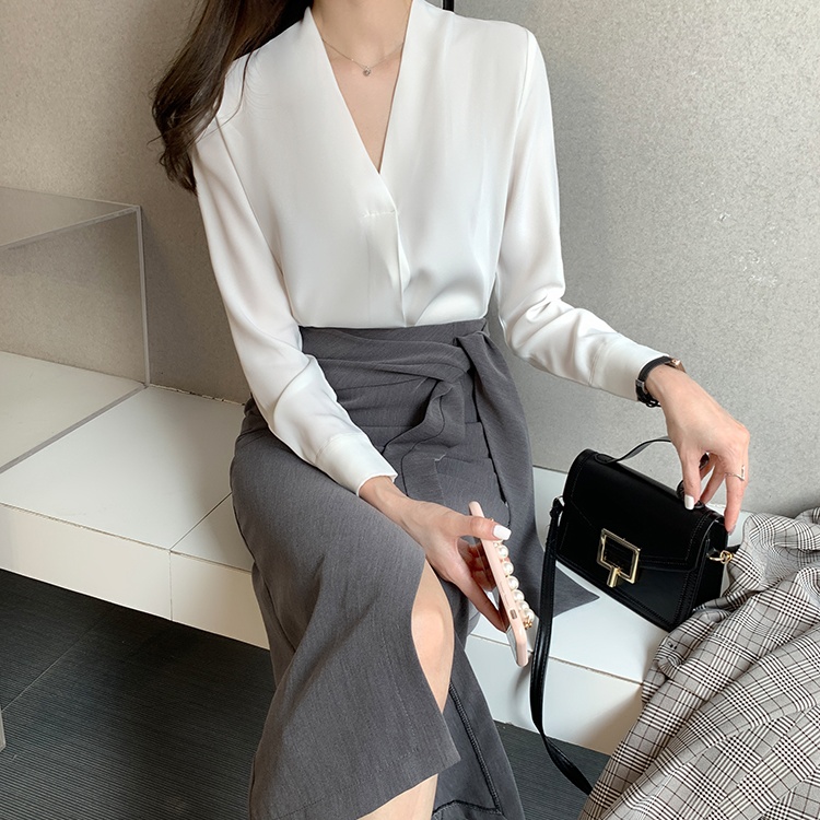 Spring Korean style V-neck shirt autumn slim tops