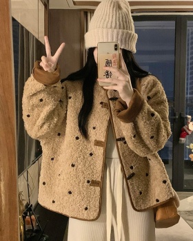 Korean style wear lambs wool polka dot coat for women