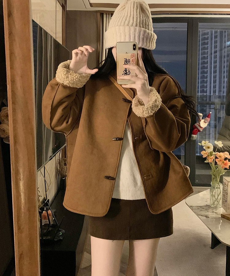 Korean style wear lambs wool polka dot coat for women