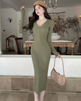Knitted slim dress package hip long dress for women