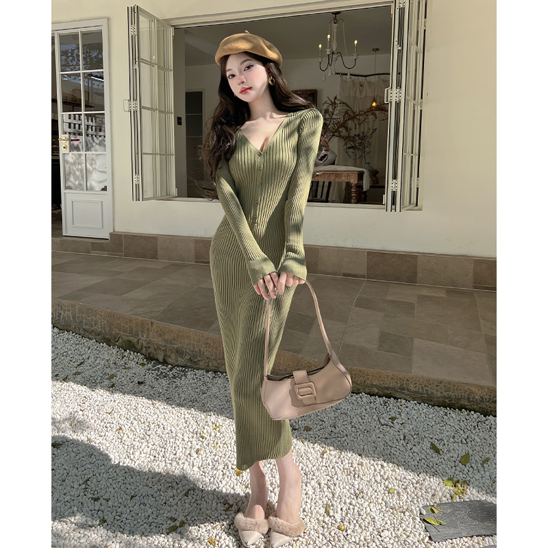 Knitted slim dress package hip long dress for women