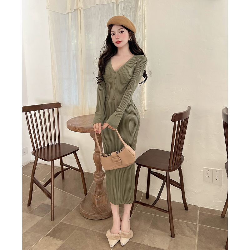 Knitted slim dress package hip long dress for women