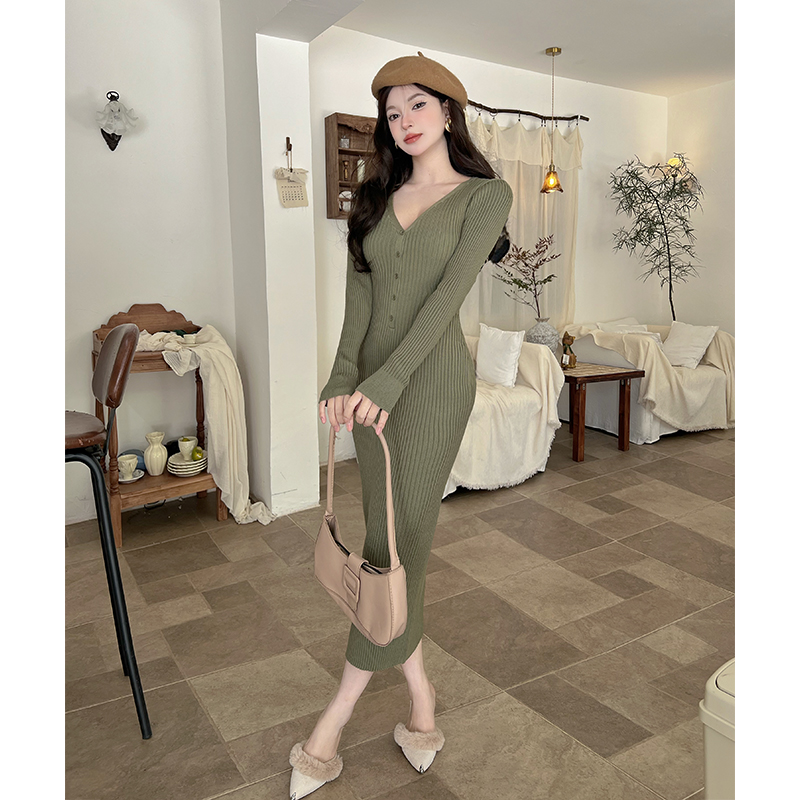 Knitted slim dress package hip long dress for women