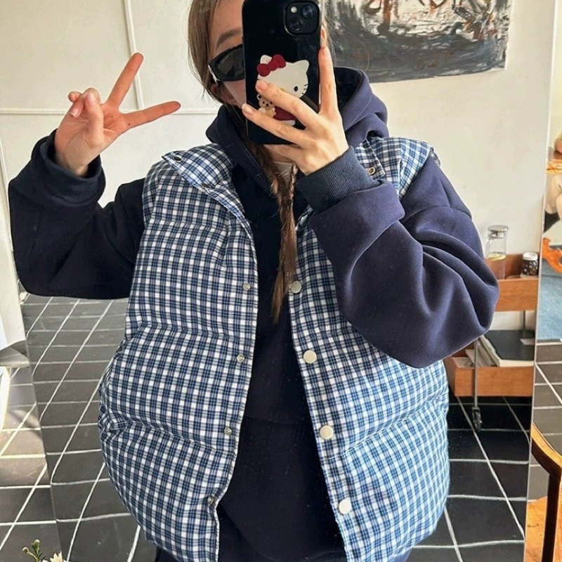 Thick plaid waistcoat winter blue tops for women