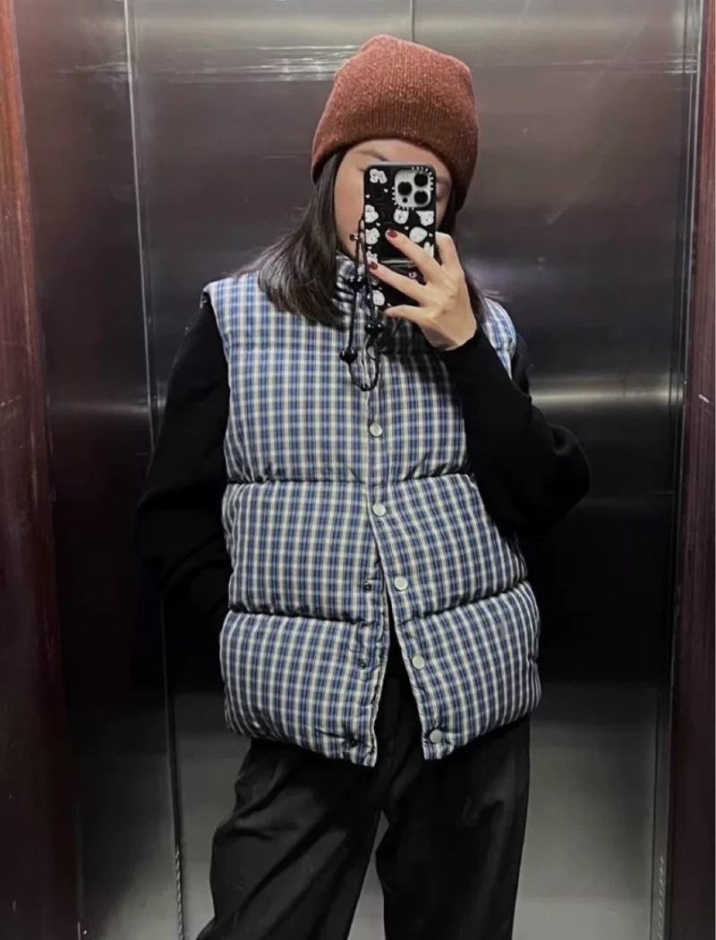 Thick plaid waistcoat winter blue tops for women