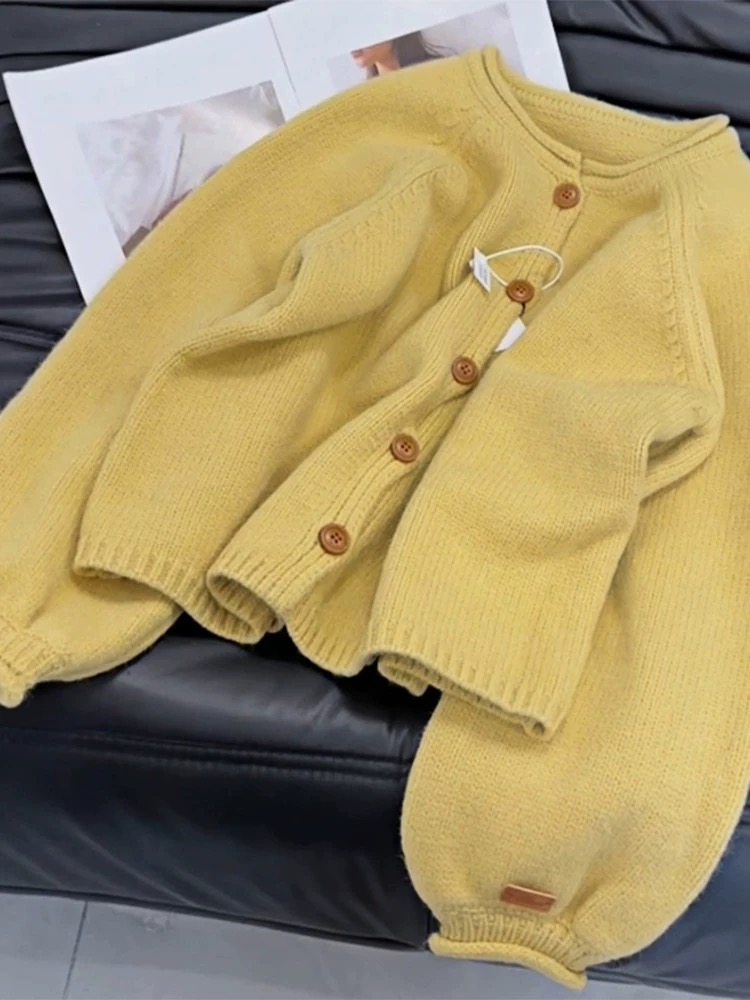 Lazy knitted tops yellow cardigan for women