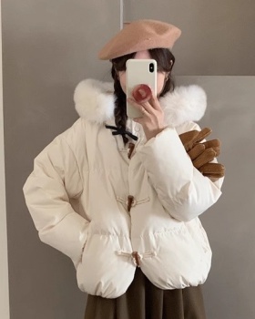 Winter horn buckle short down coat loose hooded coat for women