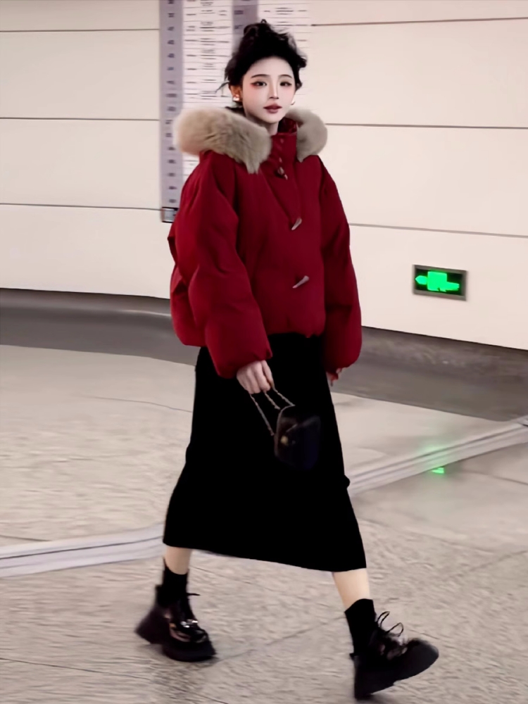 Winter horn buckle short down coat loose hooded coat for women