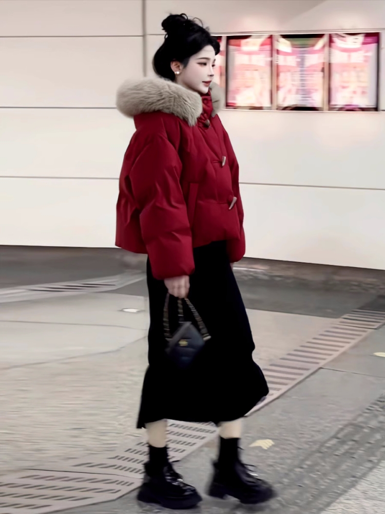 Winter horn buckle short down coat loose hooded coat for women