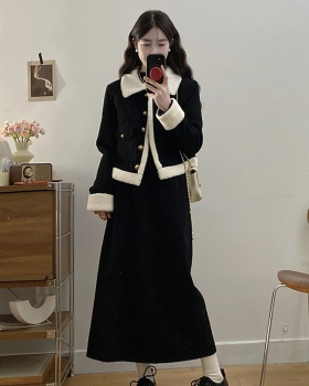 All-match slim tops lamb fur coat 2pcs set for women