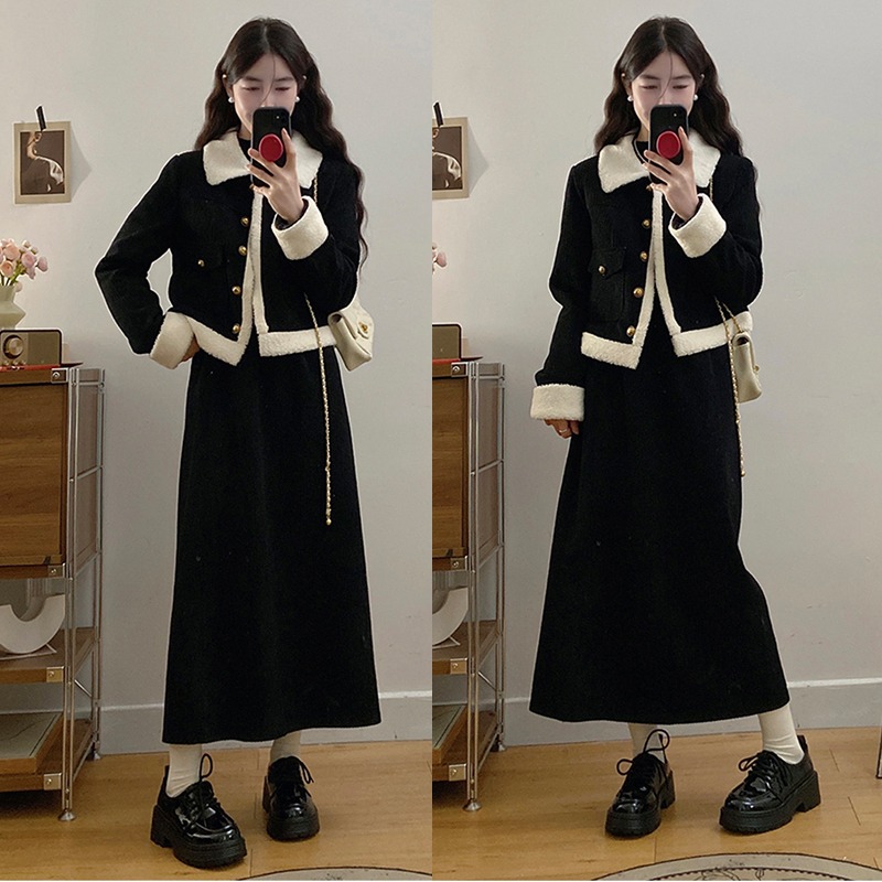 All-match slim tops lamb fur coat 2pcs set for women