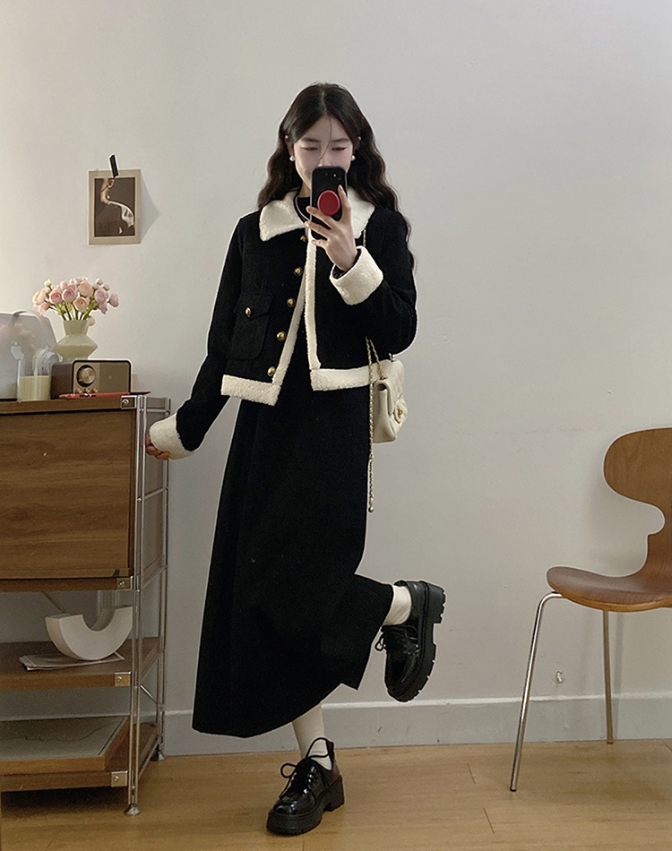 All-match slim tops lamb fur coat 2pcs set for women