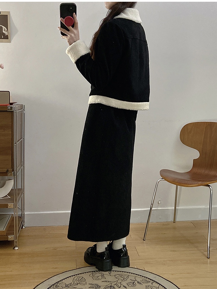 All-match slim tops lamb fur coat 2pcs set for women