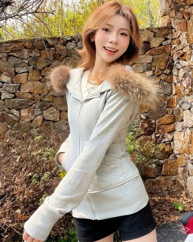 Fur collar hooded hoodie zip short coat for women