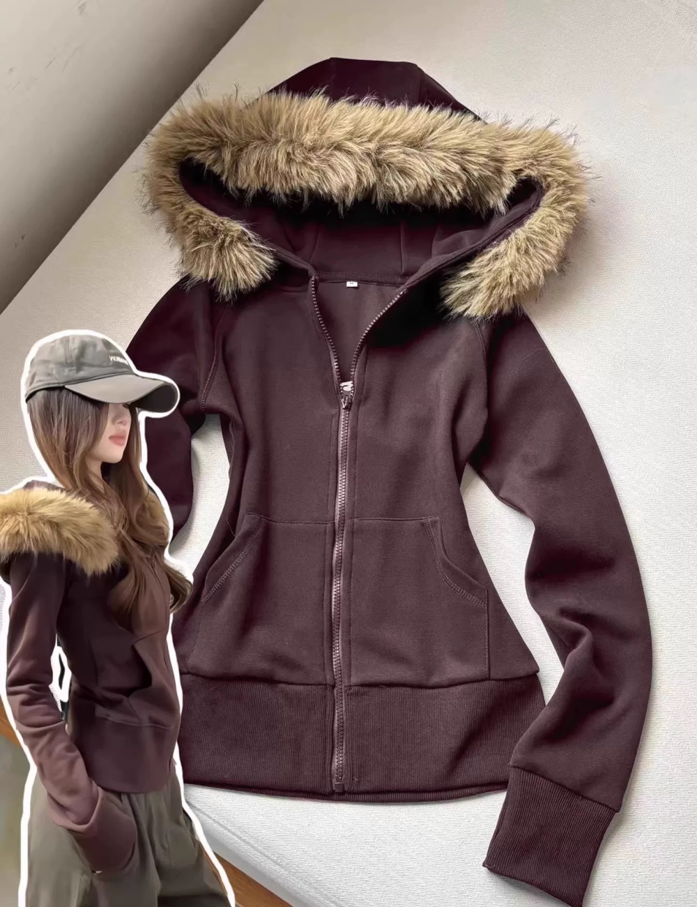 Fur collar hooded hoodie zip short coat for women