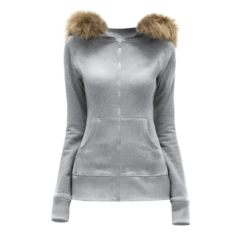 Fur collar hooded hoodie zip short coat for women