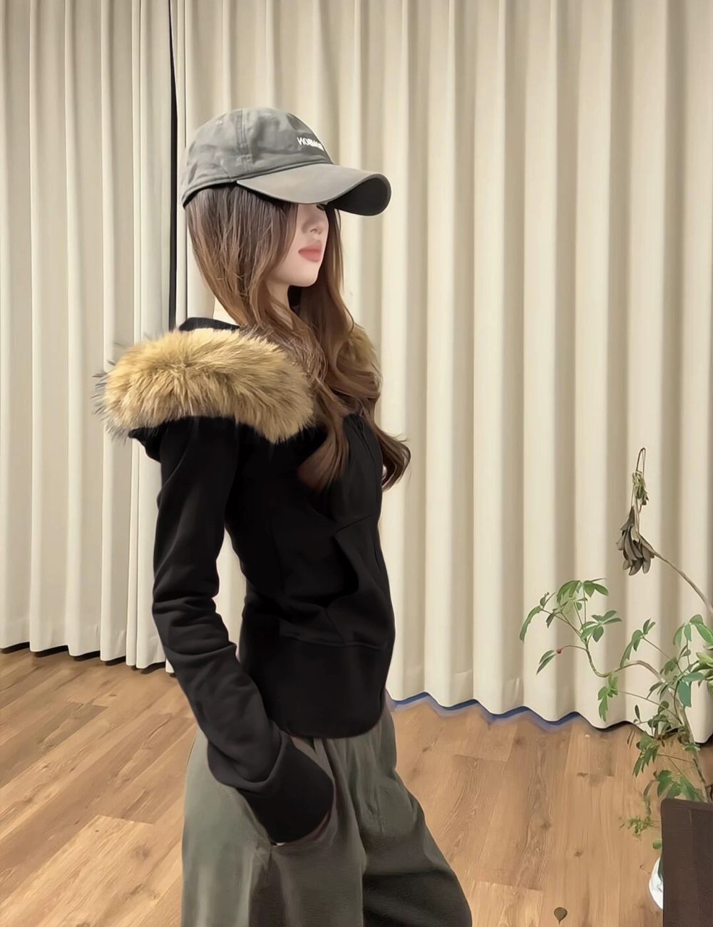 Fur collar hooded hoodie zip short coat for women