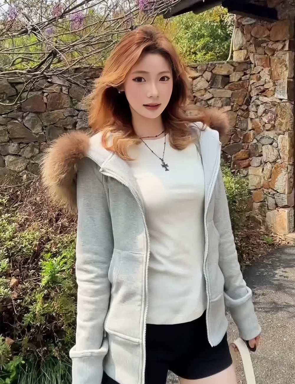 Fur collar hooded hoodie zip short coat for women