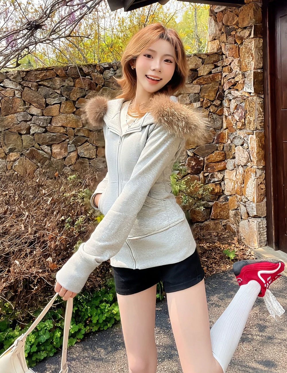 Fur collar hooded hoodie zip short coat for women