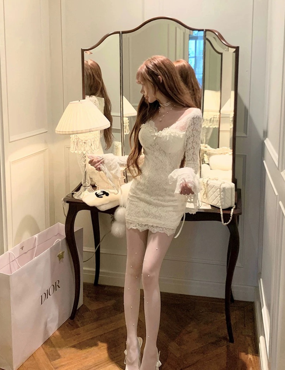 Tight lace pinched waist package hip dress for women