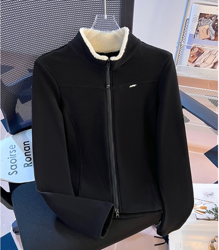 Cstand collar double zip T-shirt splice tops for women