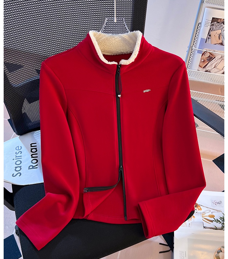 Cstand collar double zip T-shirt splice tops for women