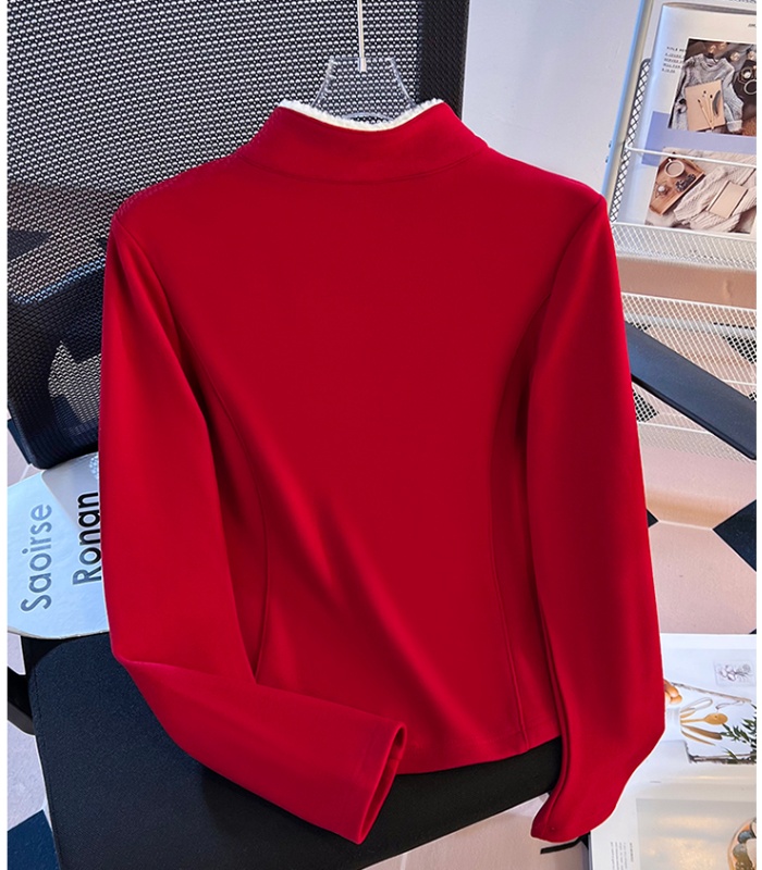 Cstand collar double zip T-shirt splice tops for women