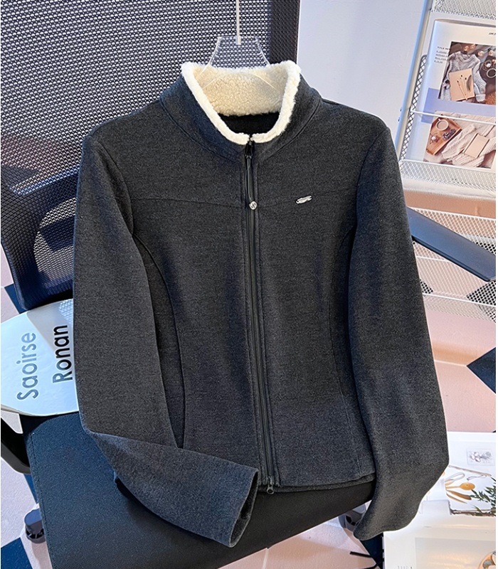 Cstand collar double zip T-shirt splice tops for women