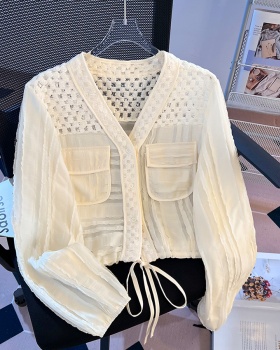 V-neck all-match coat drawstring hollow tops for women