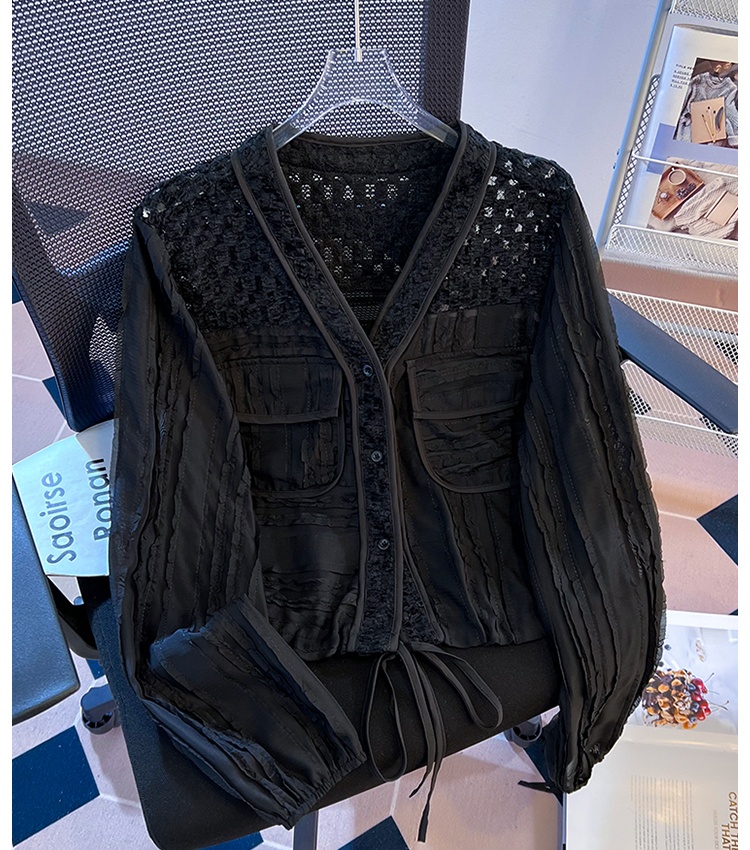 V-neck all-match coat drawstring hollow tops for women