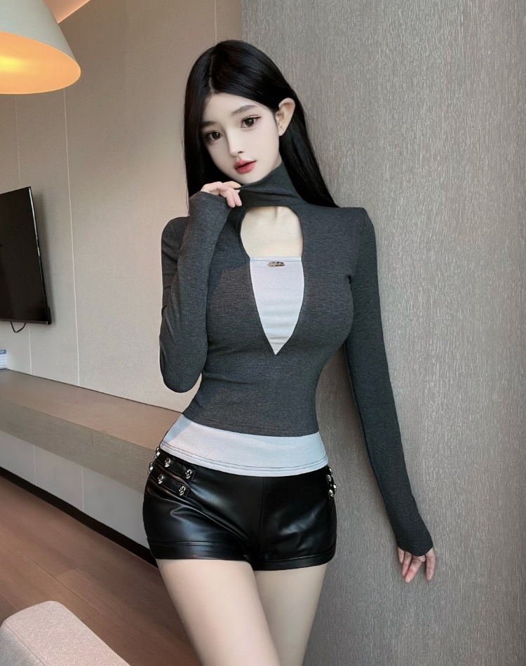 Mixed colors bottoming shirt Pseudo-two T-shirt for women