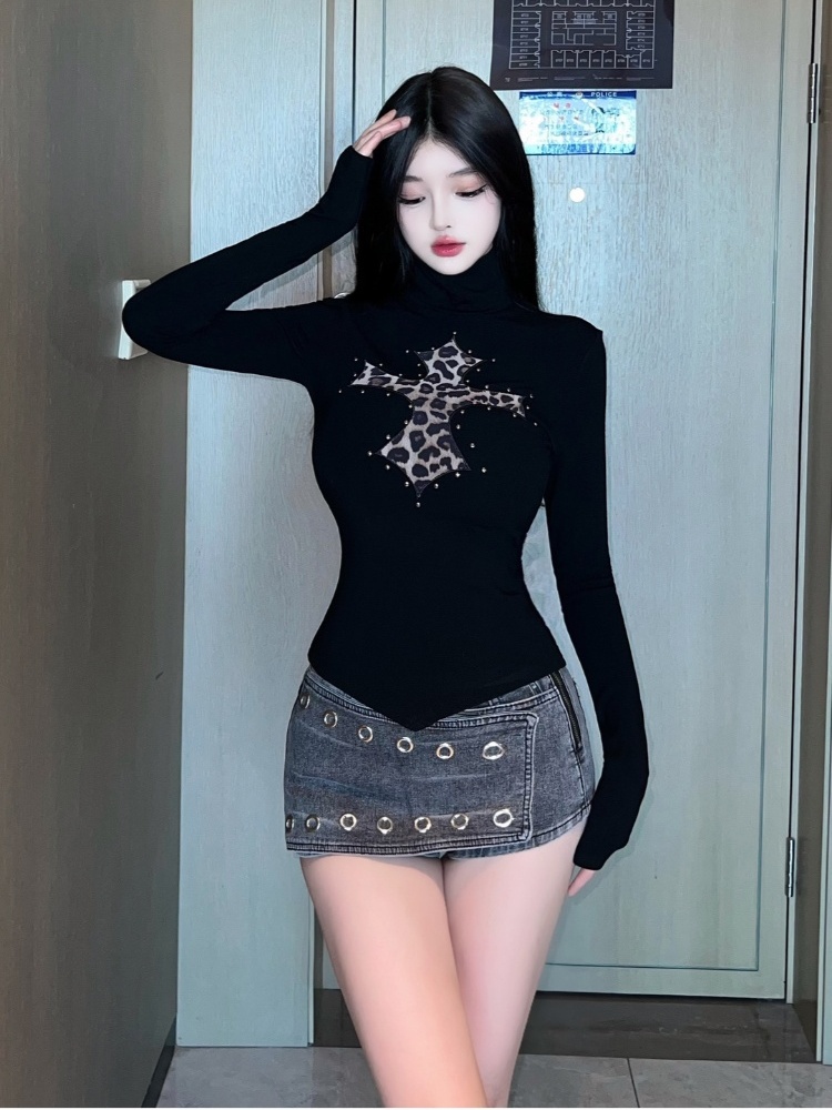 Enticement slim T-shirt leopard bottoming shirt